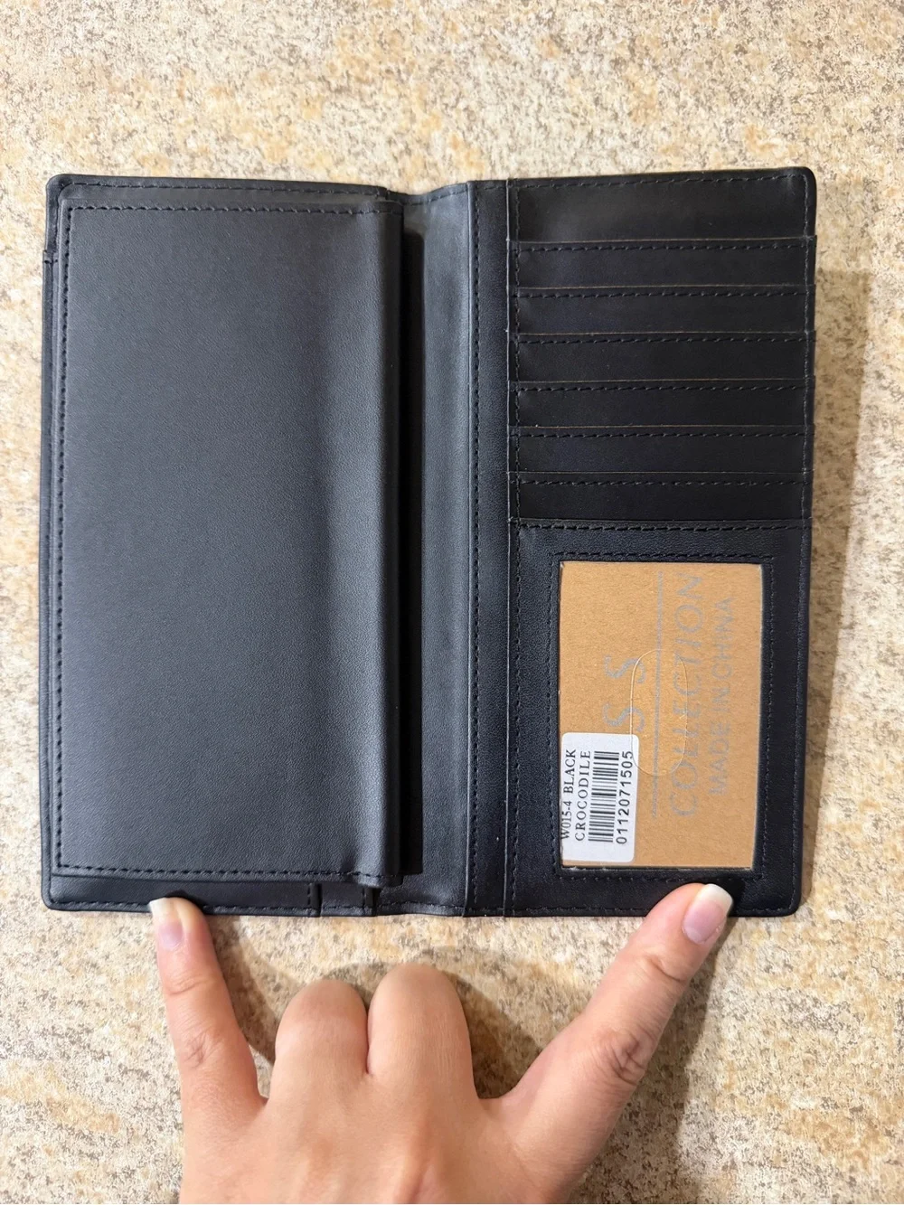 Men's Black Embossed Leather Long Wallet with Metal Emblem